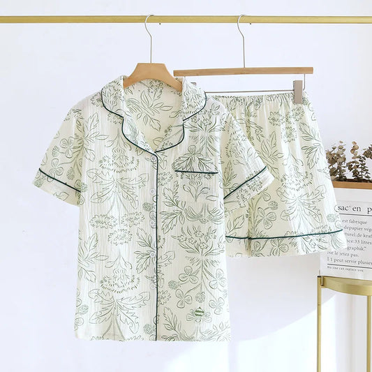 Summer pajamas short-sleeved shorts two-piece cotton crepe