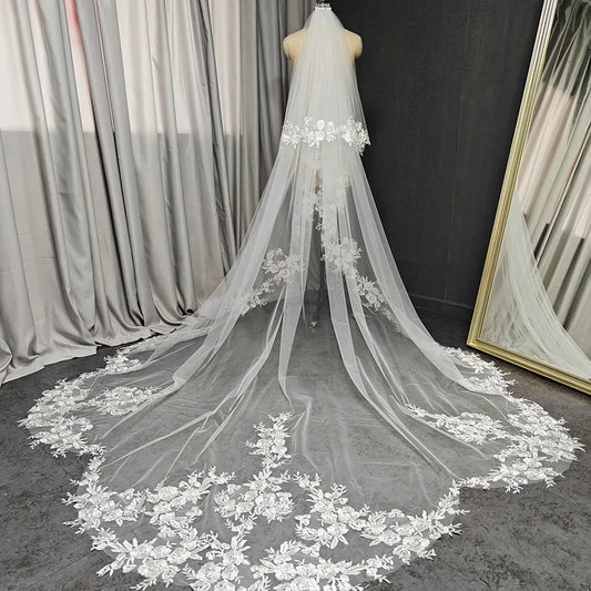 Wedding Veil with Shiny Sequins Lace Customized 2 Tiers 3 Meters Long Bridal Veil with Comb
