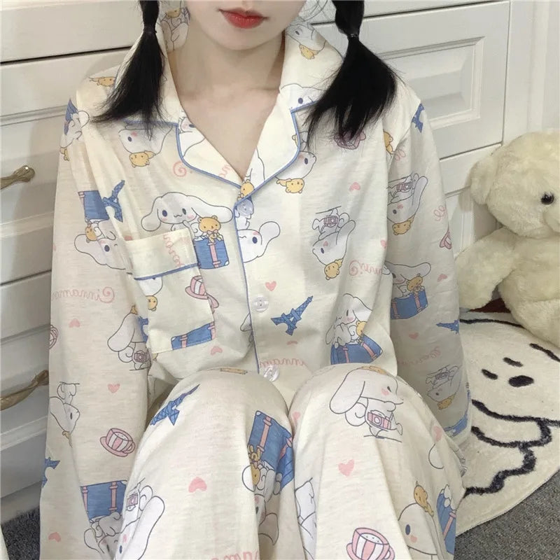 Hello Kitty 2Pcs Pajamas Set for Women Long Sleeve Tops Pants Loungewear