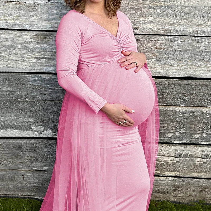 Maternity Long Sleeved Floor Length Mesh Dress