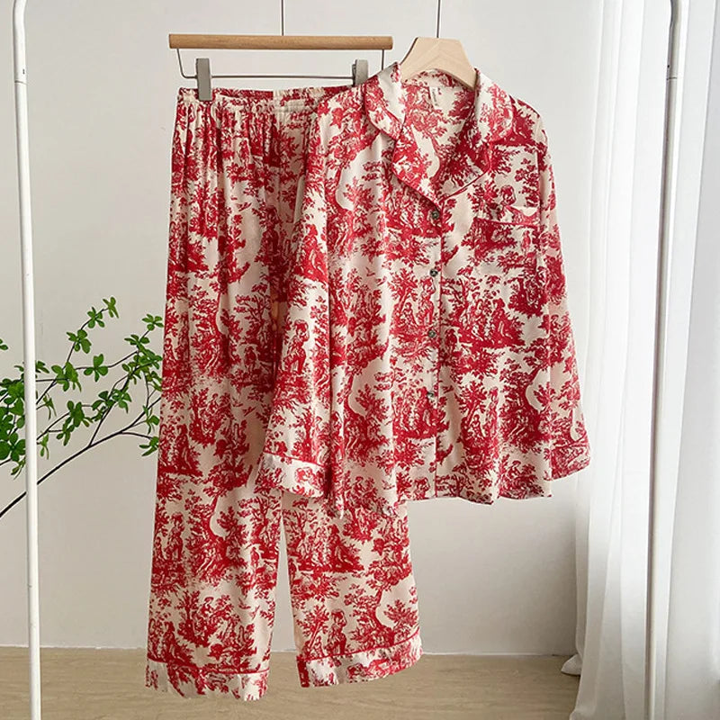 Red Sexy Pajamas Set Lapel Shirt & Pants for Lady Summer Spring 2Pcs Nightwear