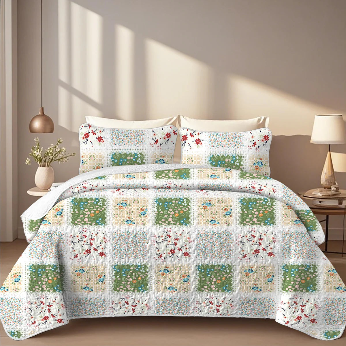 2/3-Pcs Geometric Grid Printed Quilt Set, Cal King, Durable, Breathable