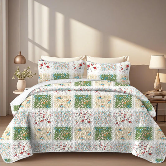 2/3-Pcs Geometric Grid Printed Quilt Set, Cal King, Durable, Breathable