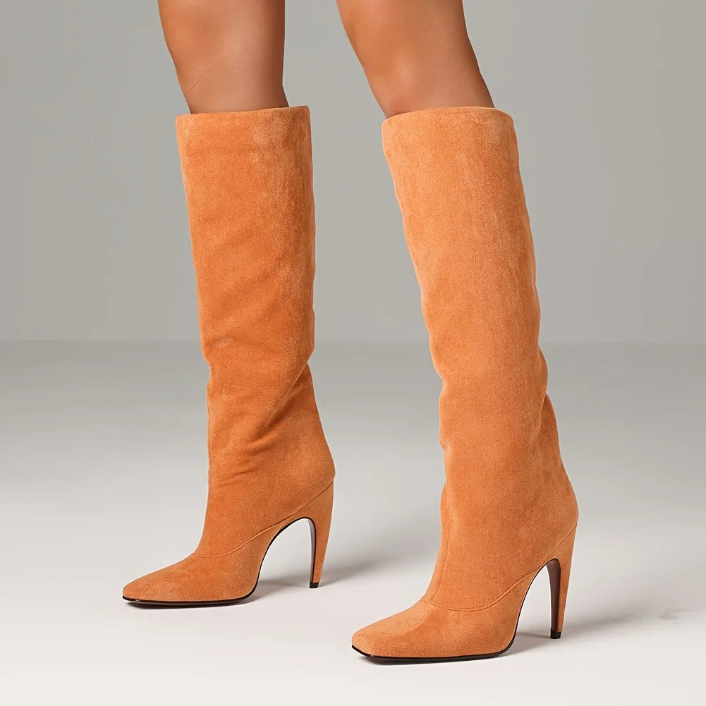Women's Stiletto High Heeled Suede PU Knee High Boots Square Toe Pull On Thin Heel Wide Calf Boots