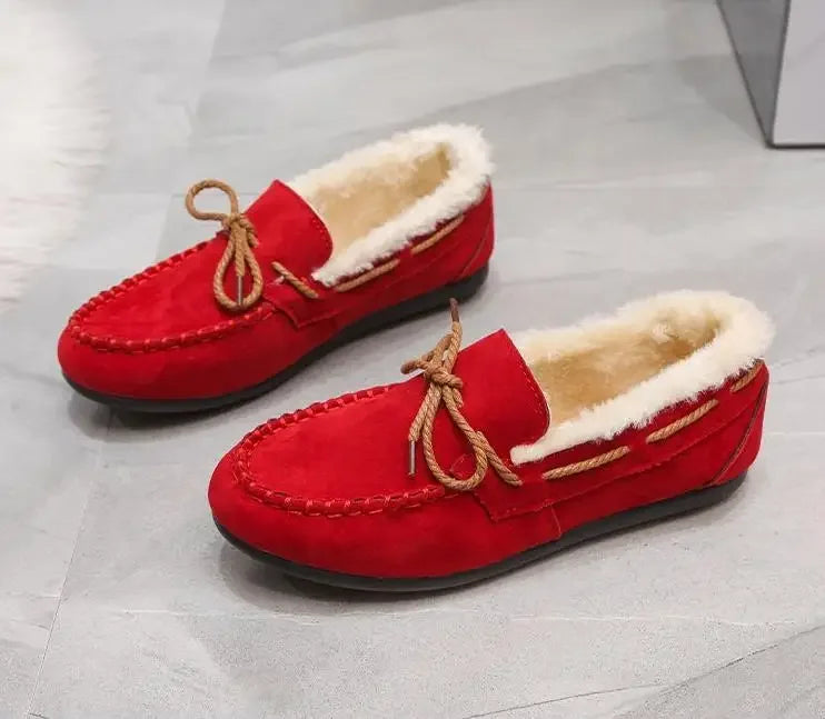 Women's Moccasins Soft Loafers Comfort Warm Plush Bow Slip on Cotton Shoes