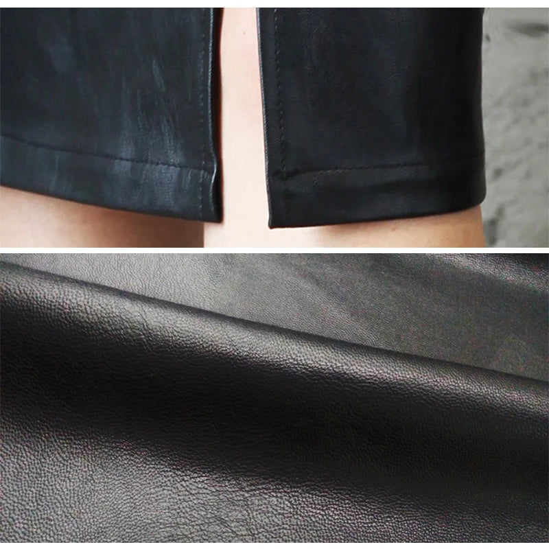 Black Leather Autumn Women Skirt Midi PU Pencil Skirt Hip Front or Back Slit