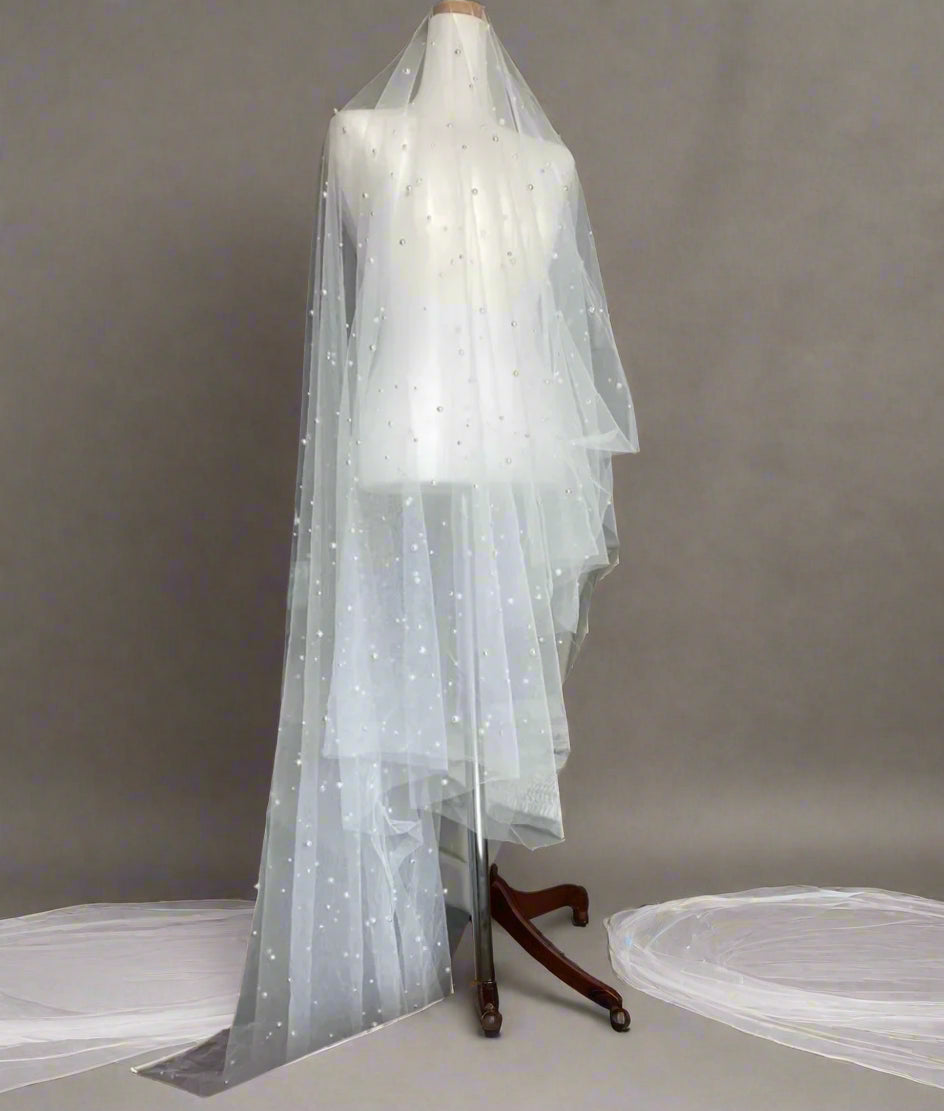 Pearls Bridal Veil 2 Tiers Blusher Wedding Veil Face-Covered With Comb White/Ivory Cathedral 300cm