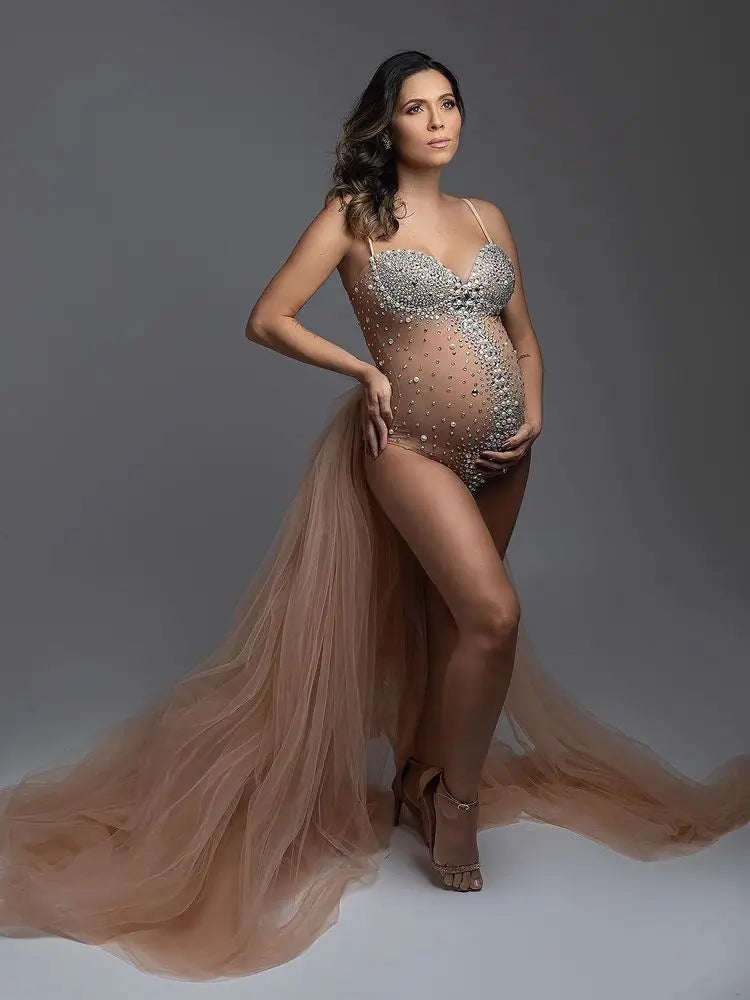 Luxurious Maternity Photography Sexy V Neck Rhinestones Pearls Stretch Jumpsuits Dress