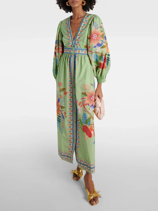 Bohemian retro ethnic style heavy-duty print elegant waist-defining slimming short vacation dress