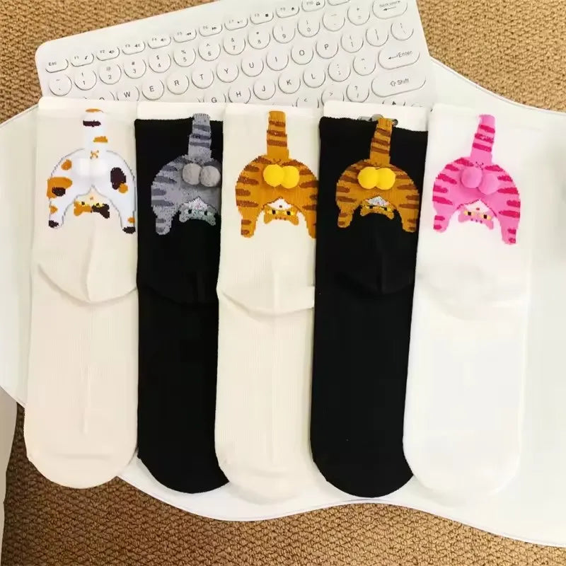 2 Pairs/5 Pairs Autumn Winter New Funny Cat Print Loose Socks Women Girls Comfortable Mid-Calf Socks