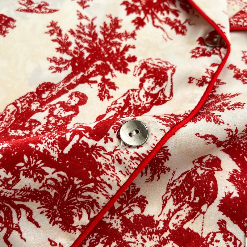 Red Sexy Pajamas Set Lapel Shirt & Pants for Lady Summer Spring 2Pcs Nightwear