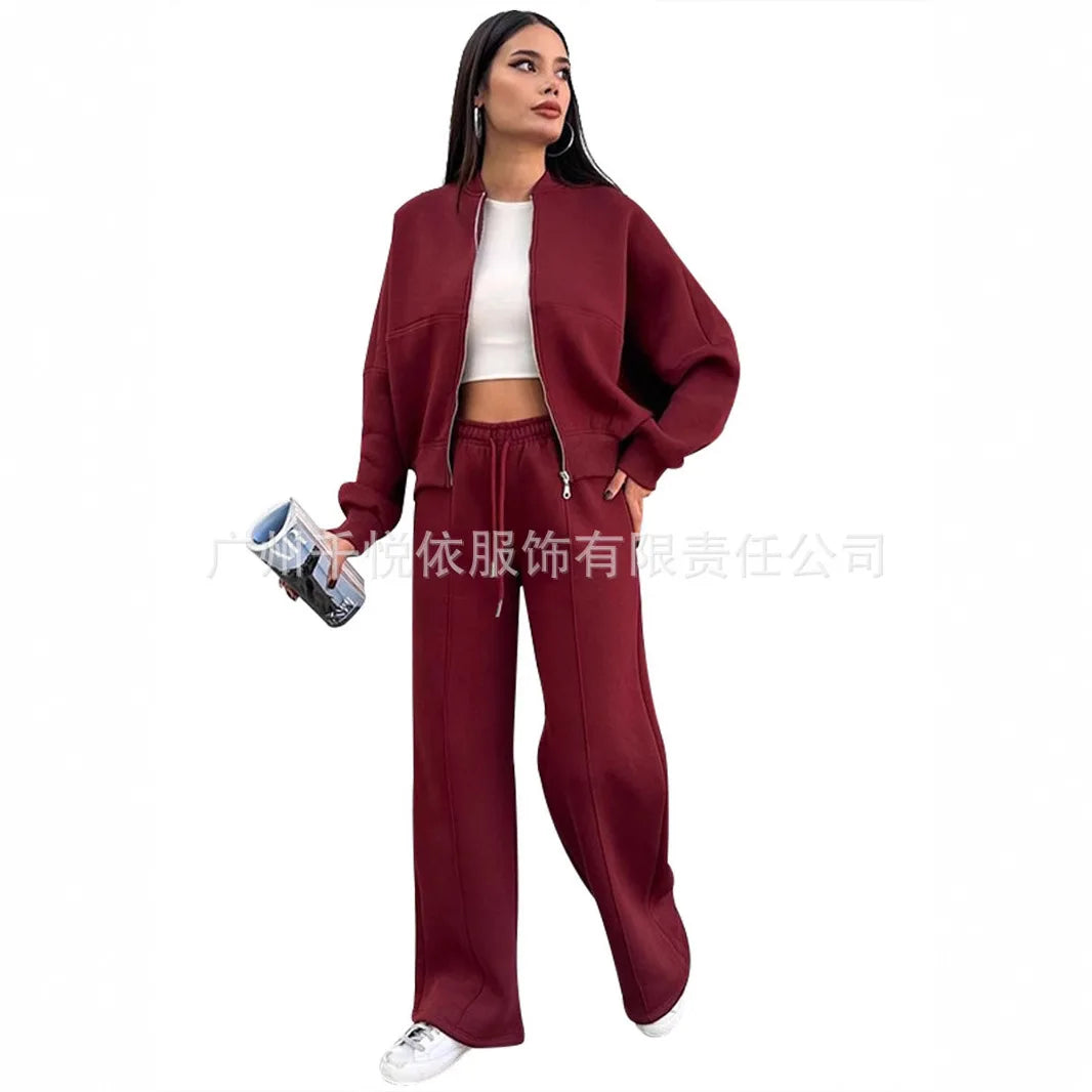 Women Casual Solid Pant Sets Two Piece Sweatshirts Full Sleeve Zipper Coats Long Pants Pockets Autumn Winter