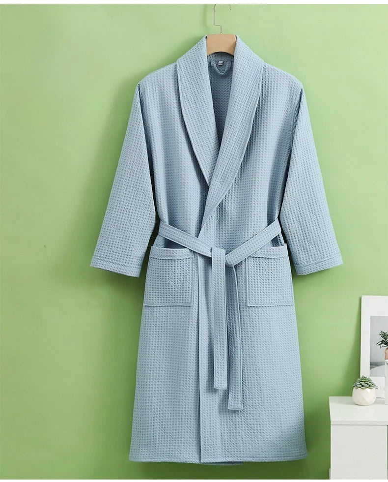 Solid Color Cotton Spring and Autumn Waffle Couples Mid-long Yukata Bathrobe Homestay Hotel Couple Soft Bathrobes
