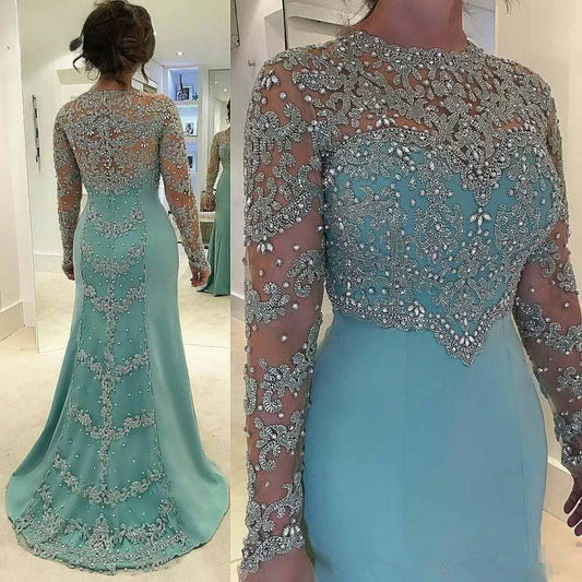 Crystal Beaded Appliques Mermaid Dress Wedding Party Dress Long Sleeves Formal Party Dresses