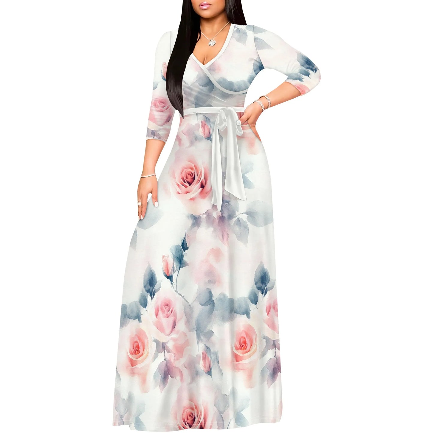 Romantic Floral V-Neck 3/4 Sleeve Wrap Maxi Dress with Belt
