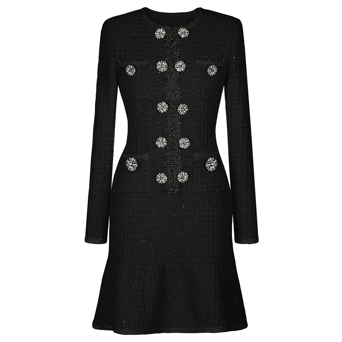 Women Autumn Knitted Rhinestone Button Round Neck Long Sleeved Thick Fish Tail Slim Fit Dress