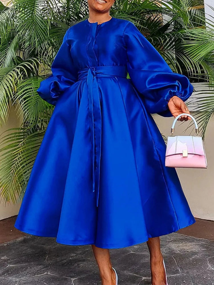 Satin Puff Sleeve Evening Dress for Women Pleated A-Line Round Neck Elegant Party Midi Dress with Belt