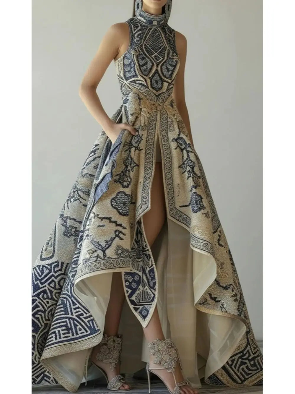 Elegant Evening Formal Women Dress Low High Hem Pockets Floral Printed Sleeveless Long Dress