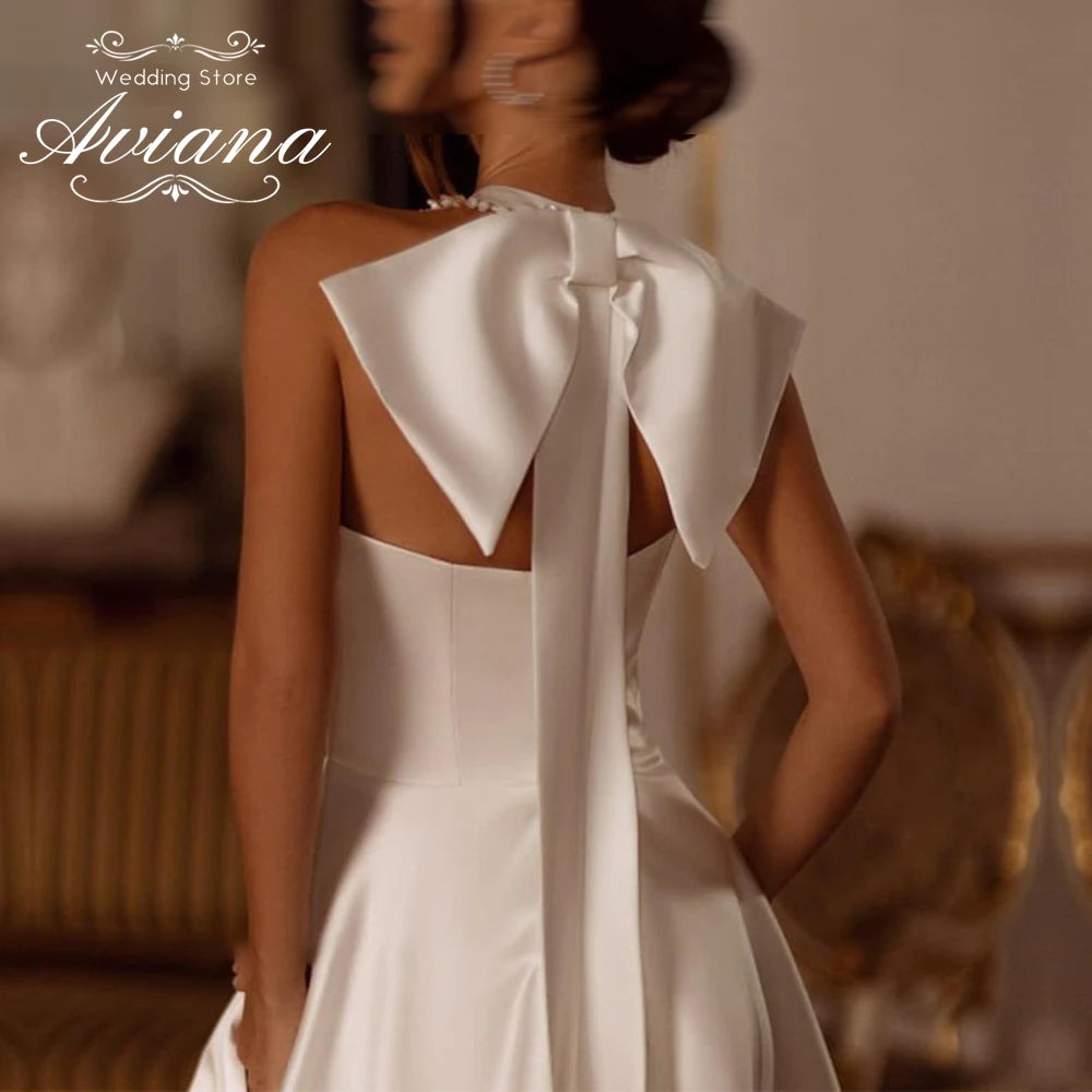 Customized Temperament Elegant Pearls Sleeveless Wedding Dress High Slit Back Bow A-Line Simple Bridal Gown