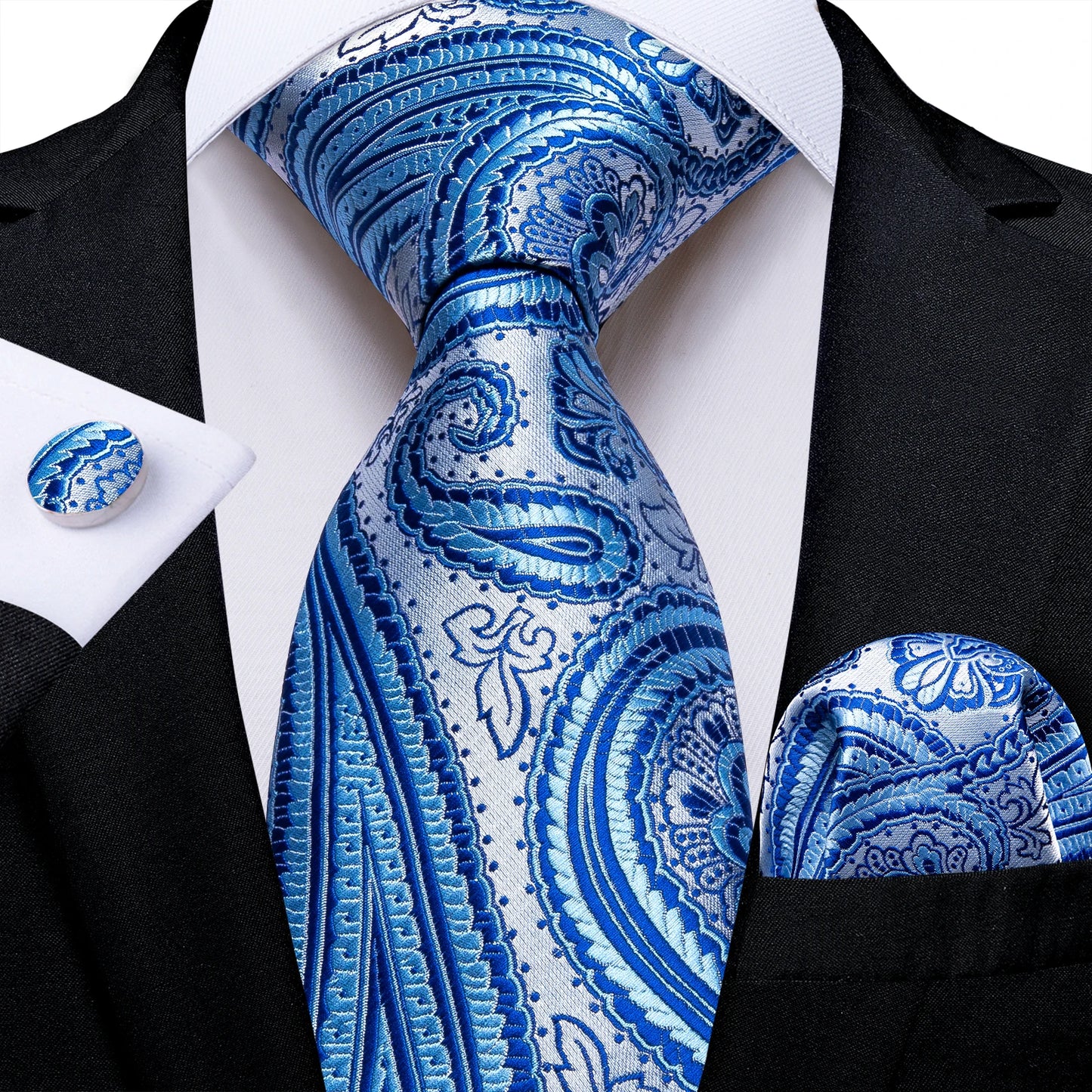 New Classic 100% Silk Men's Ties 8cm Blue Plaid Dot Striped Business Necktie Handkerchief Wedding Party Tie Set