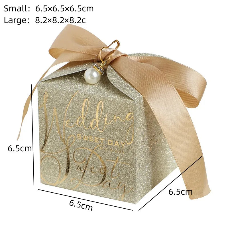 New Wedding Candy Box With Pearl Ribbon Bow High-End Gift Chocolate Box High Quality Glitter Powder Shell Gift Box