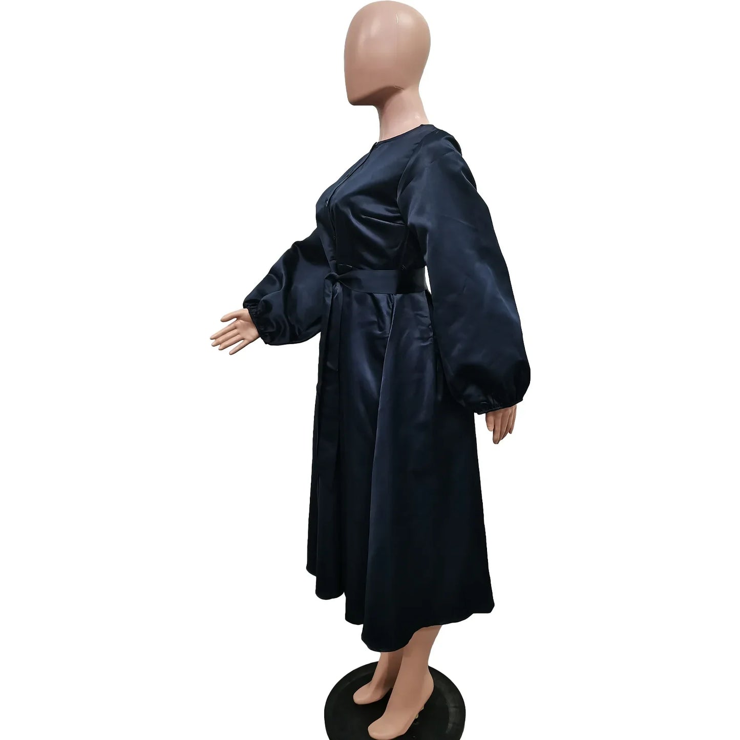 Satin Puff Sleeve Evening Dress for Women Pleated A-Line Round Neck Elegant Party Midi Dress with Belt