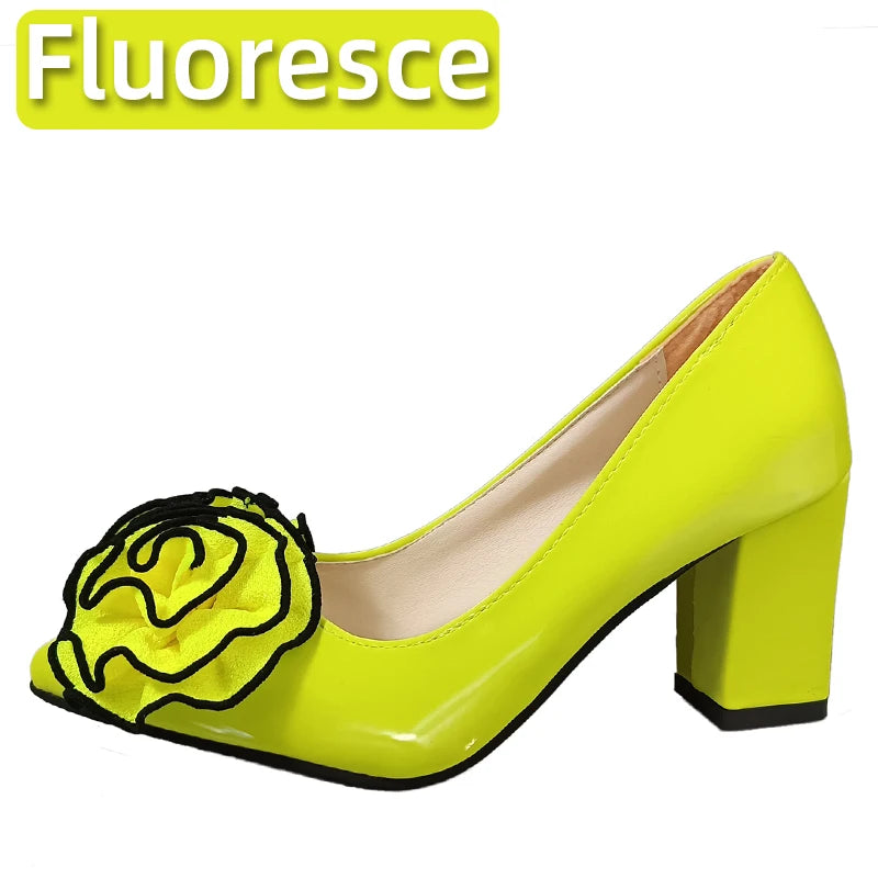 Big Flower Rose 7cm Square Heels Pumps Women Shoes