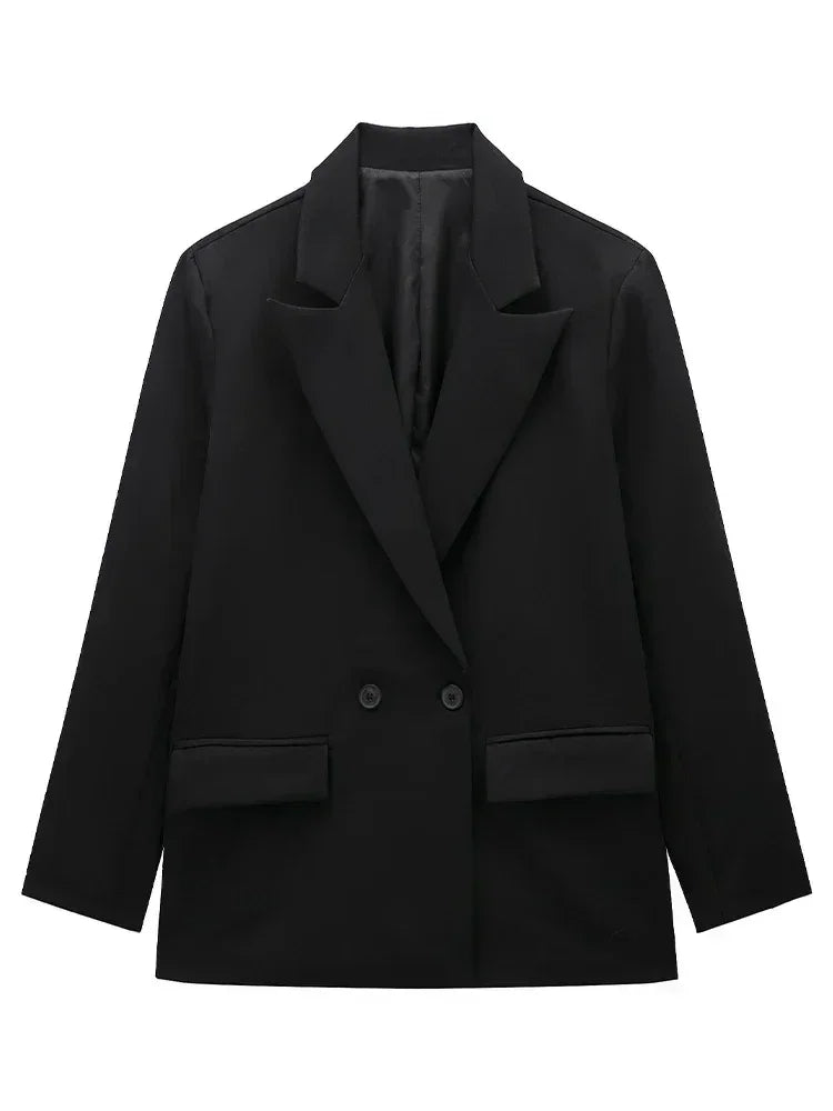 Willshela Women Fashion With Pockets Solid Double Breasted Blazer Vintage Long Sleeves Notched Neck Female Office Lady Outfits