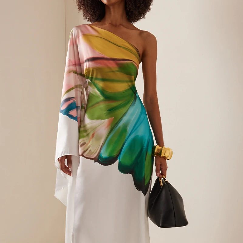 Women Elegant Satin Dress 2025 Oblique Shoulder Papillon Print Dress Maxi Sundress Casual Vintage Printed Loose Long Robe