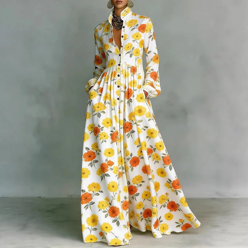 Retro Pattern Print High Waist Pleated Women Boho Dress Spring Shirt Collar Button Pockets Maxi Dress Long Sleeve