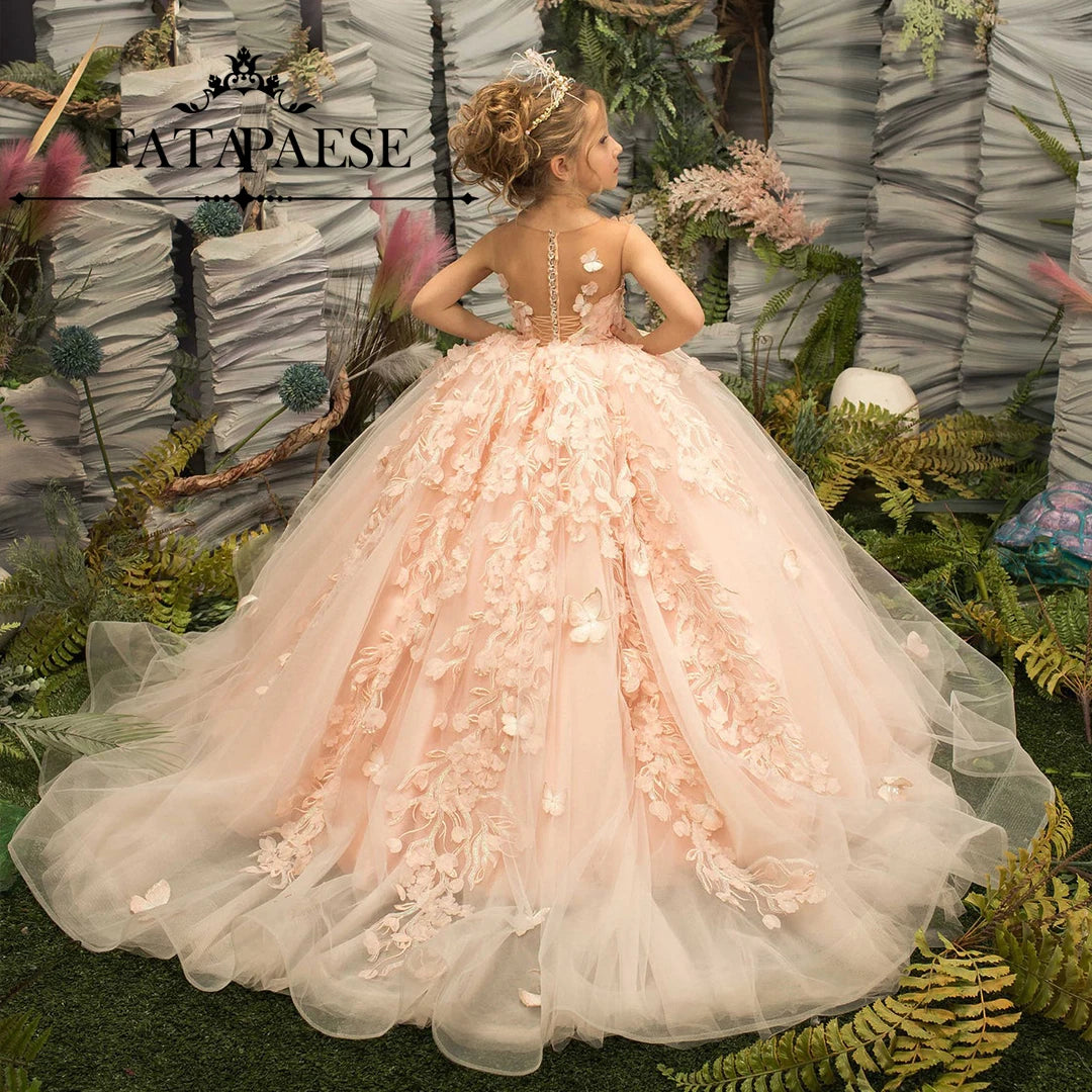 3D Floral Embroidery Bridesmaid Flower Girl Dress