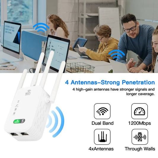 1200Mbps Dual Band WiFi Repeater Wireless Signal Extender 2.4G 5GHz Wi-Fi Amplifier Router Long Range Signal Booster For Home