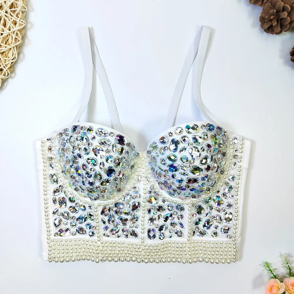 Women Rhinestone Diamond Tank Top Push Up Bustier Camisole Sequin