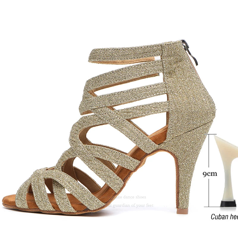 Dance Shoes Latin Gold Sandals For Women Cross straps Comfortable Low heel Square Samba Shoes