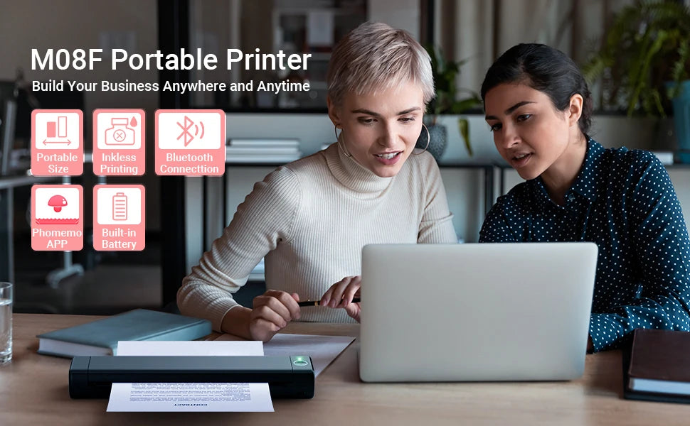 M08F Portable Phone Travel Home Wireless Thermal Printer Bluetooth Use A4 Mobile Printer for Laptops Inkless