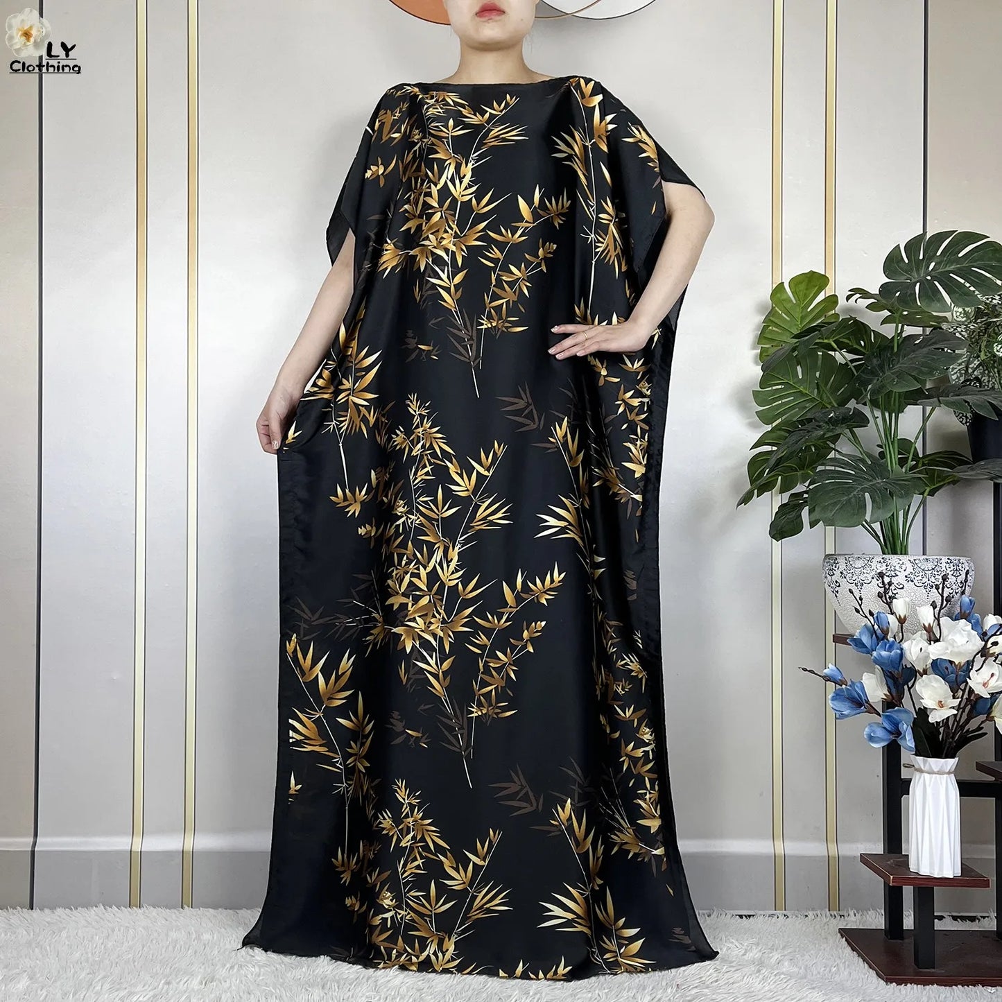 Women Printed Silk Soft Loose Maxi Party Dresses With Belt Turban