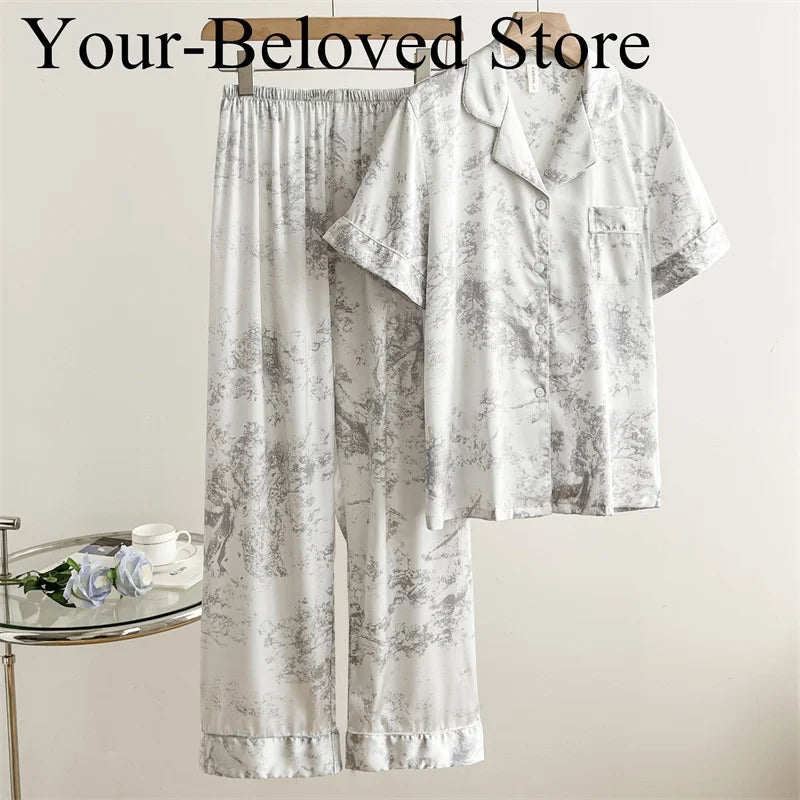 Red Sexy Pajamas Set Lapel Shirt & Pants for Lady Summer Spring 2Pcs Nightwear