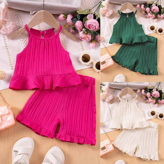 Summer Fashion Sleeveless Ruffle Tank Top & Shorts Solid Two-Piece Outfit Toddler Girl Set