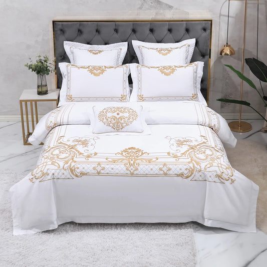 European Luxury White Egyptian Cotton Gold Embroidery Bedding Set Quilt Cover Fitted Bed Sheet Pillowcases Solid Home Textiles