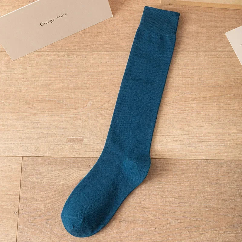 Women's Soft Cotton Knee High Long Socks Black White Solid Calf