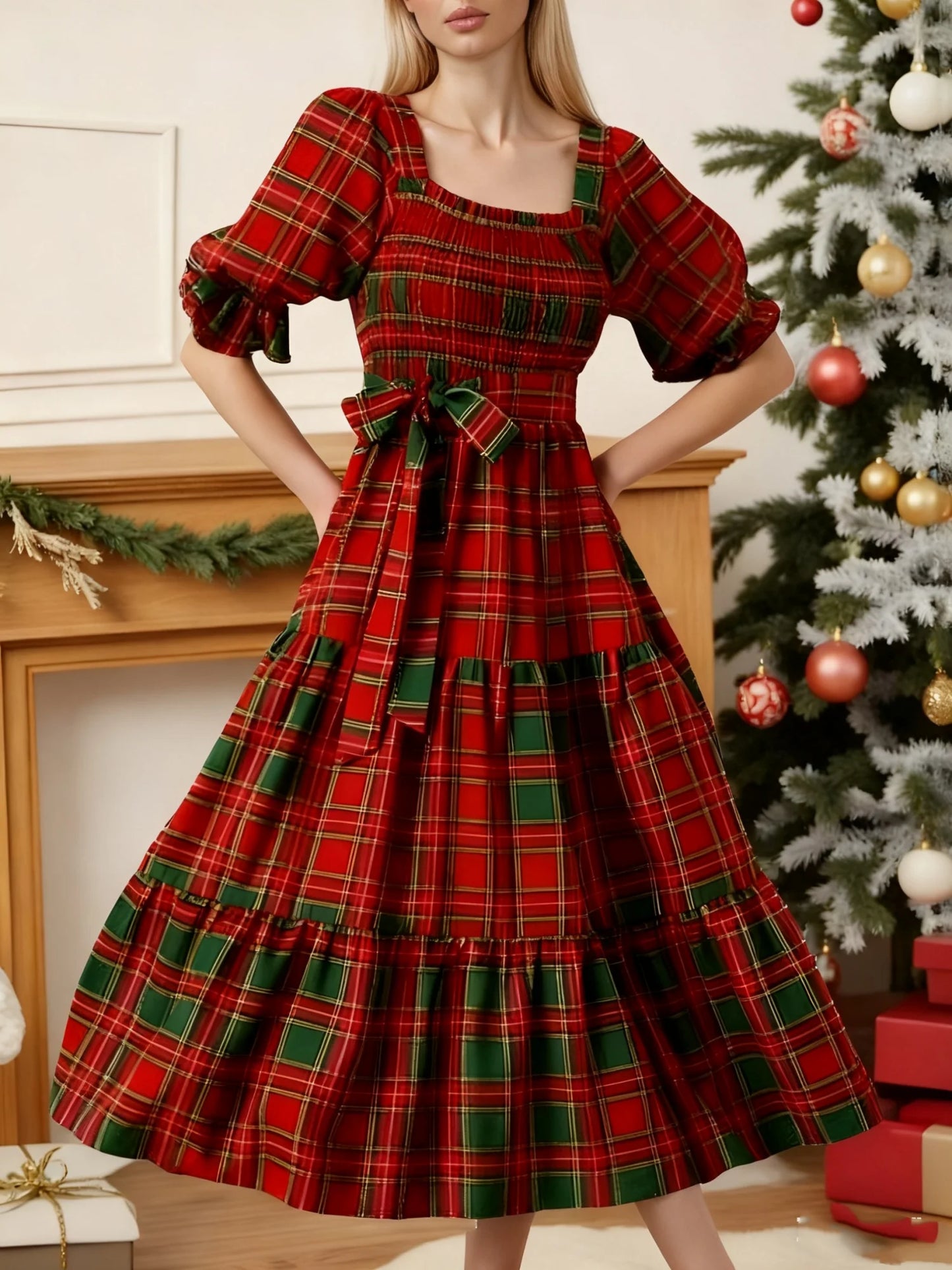 Christmas Classic Plaid Print Square Neck Puff Sleeve A Line Long Dress with Bow Decor Club Party Dresses