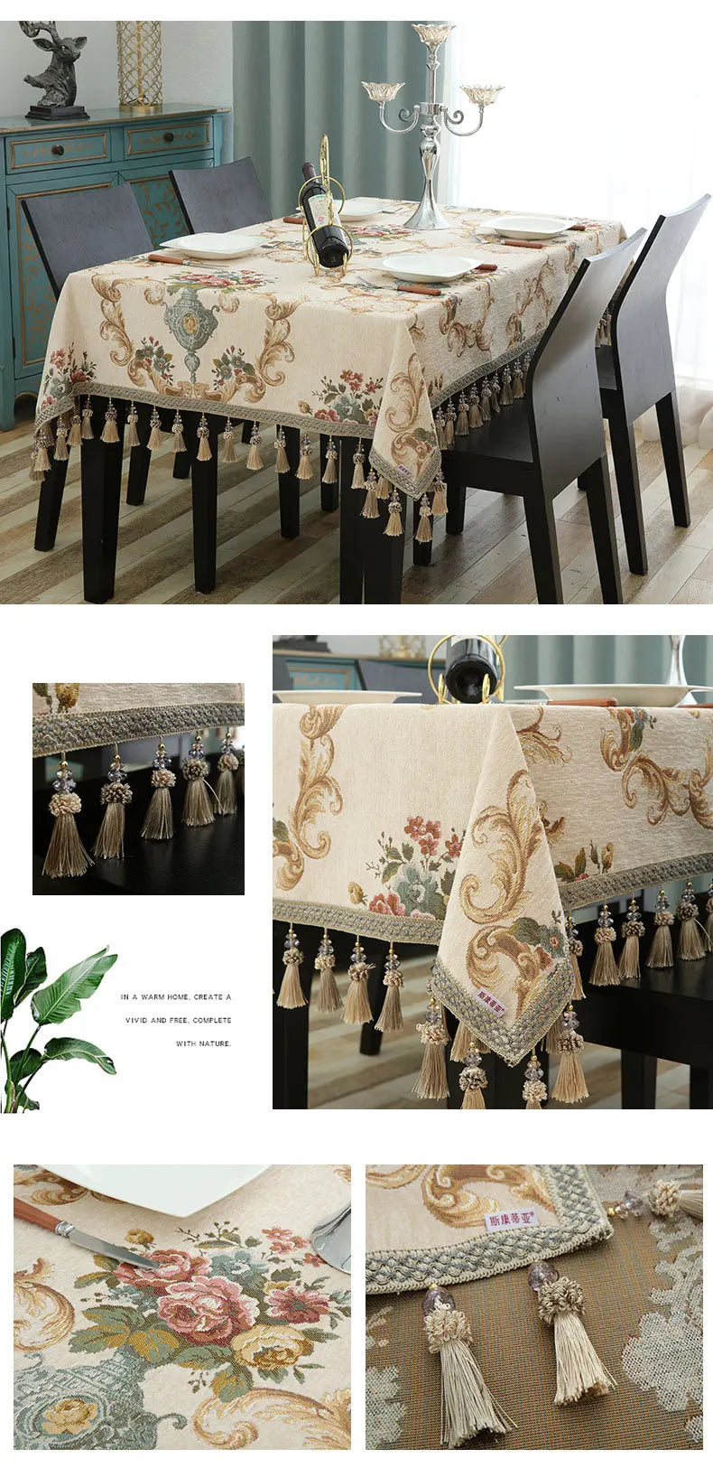 Luxury Jacquard Tablecloth with Tassel Pendant Chenille Fabric Rectangular Table Cover European Living Room Coffee Table Cloth