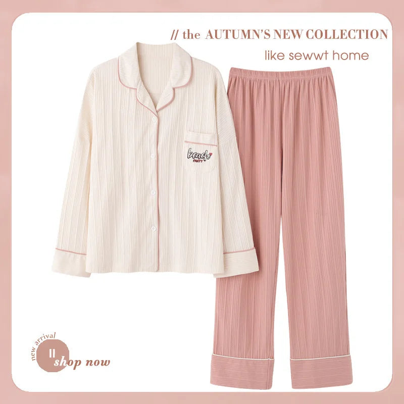 High Quality Large Size Women Cotton Pajamas Button down Tops and Trousers Set Sleepwear Homewear