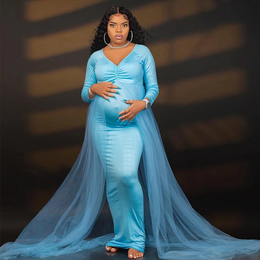 Maternity Long Sleeved Floor Length Mesh Dress