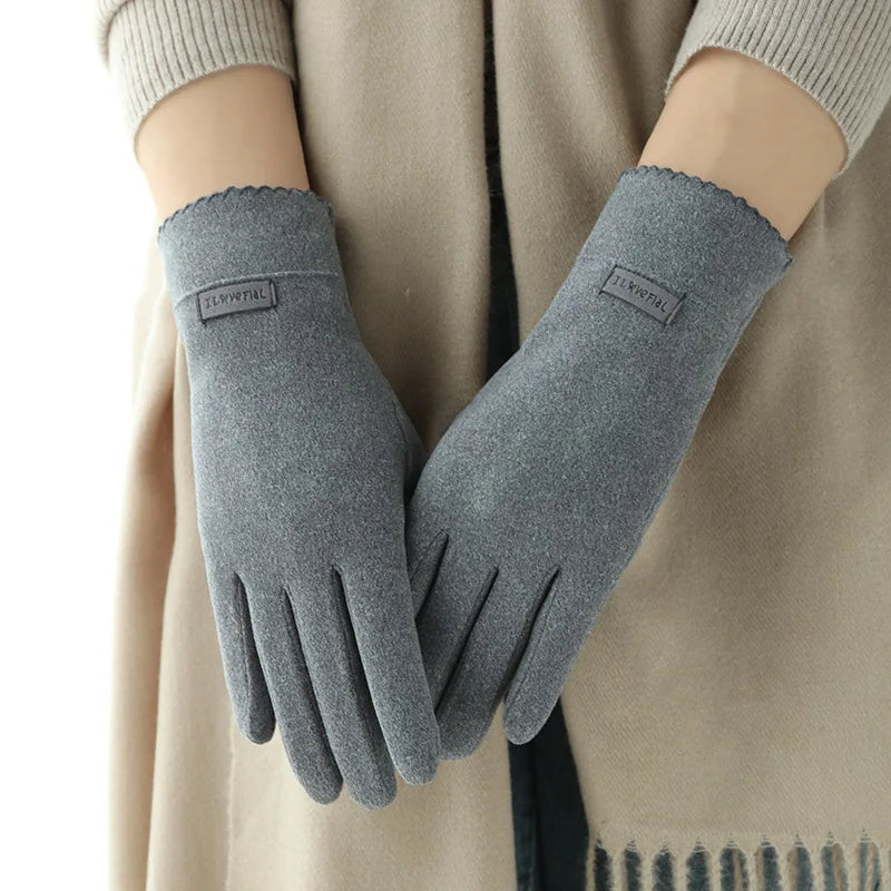Women Slim Vintage Windproof Touch Screen Suede Winter Gloves