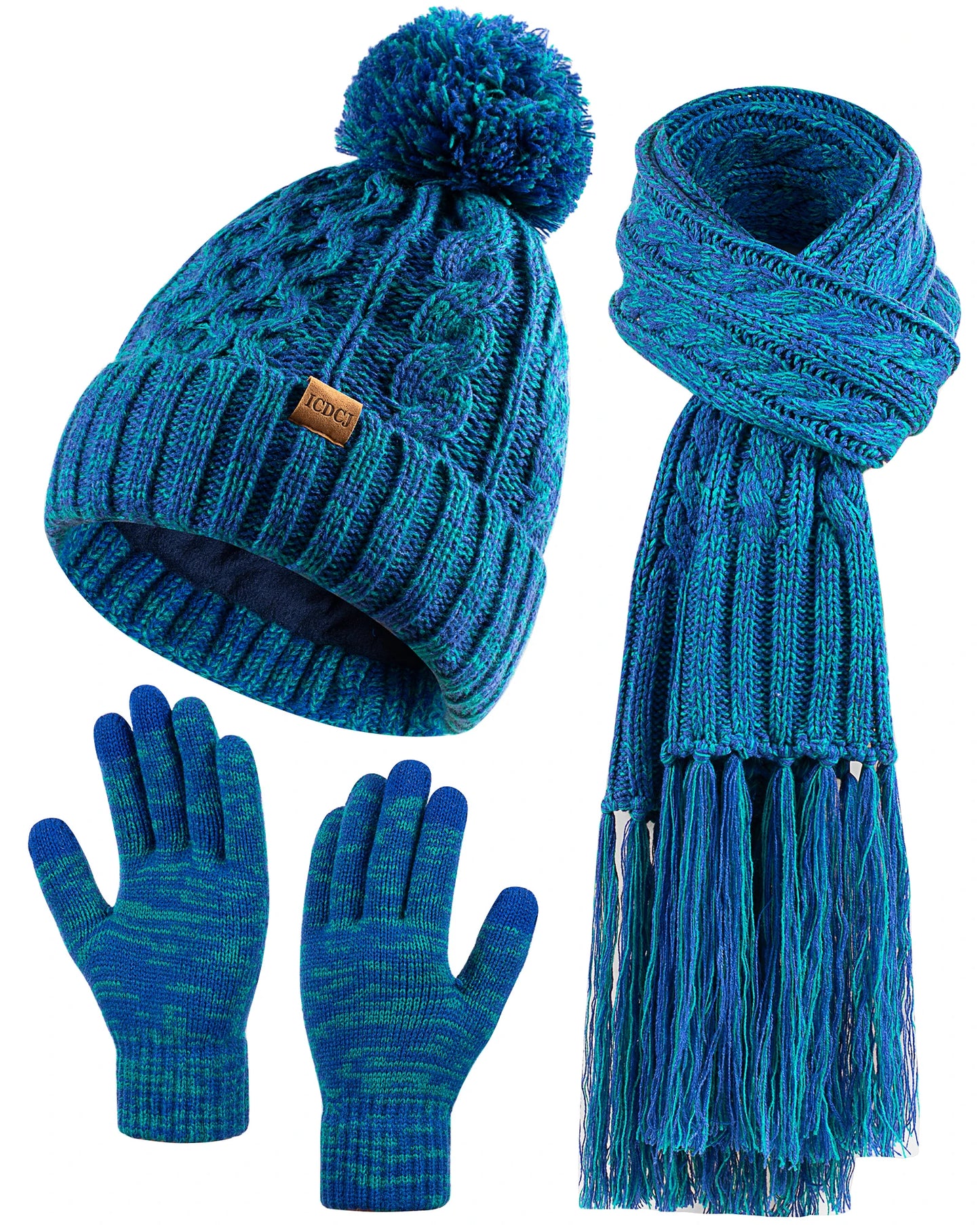 Women Winter Knit Beanie Hat+Touchscreen Gloves+Long Scarve 3 in 1 Set Gift