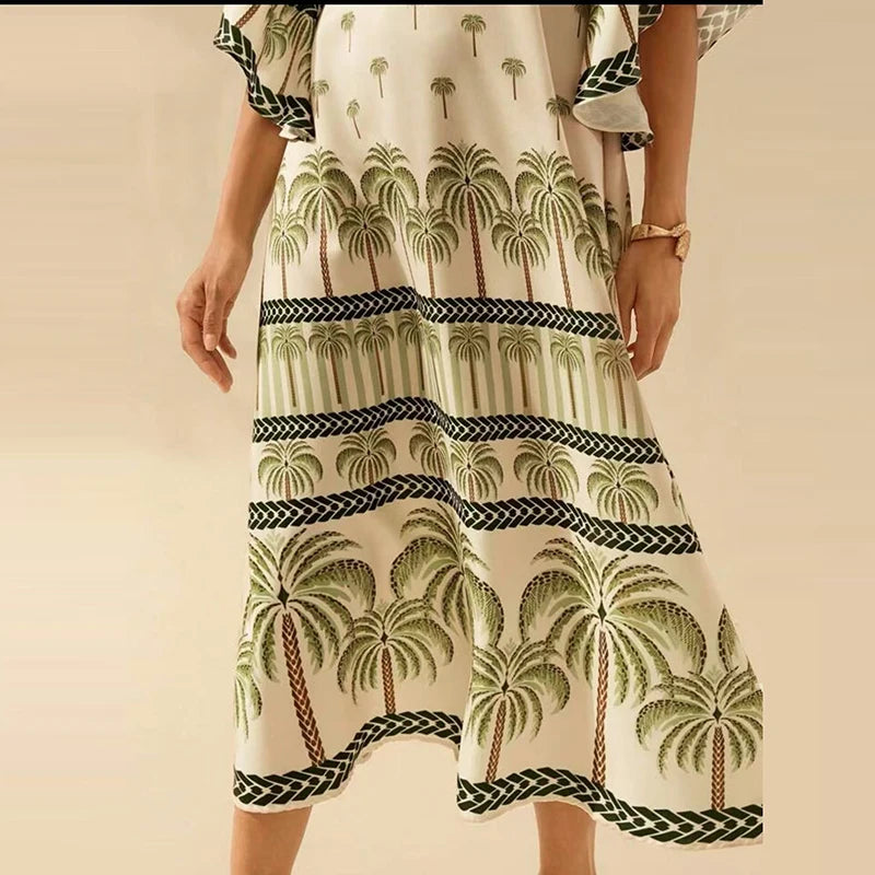 Summer Tropical Plant V-Neck Bohe Elegant Half Sleeve Loose Party Dress A-line