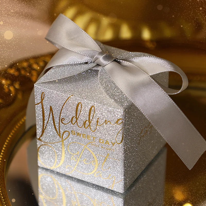 New Wedding Candy Box With Pearl Ribbon Bow High-End Gift Chocolate Box High Quality Glitter Powder Shell Gift Box