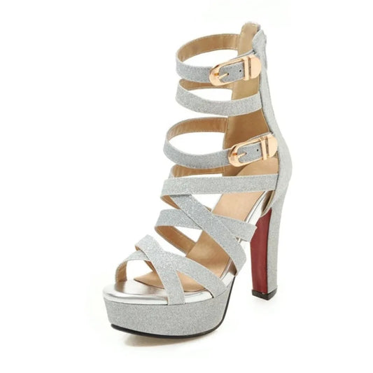 Plus Size 48 Women Sandals Pumps Fashion Peep Toe 12cm High Heels Sexy Back Zip Platform Sandals C-5