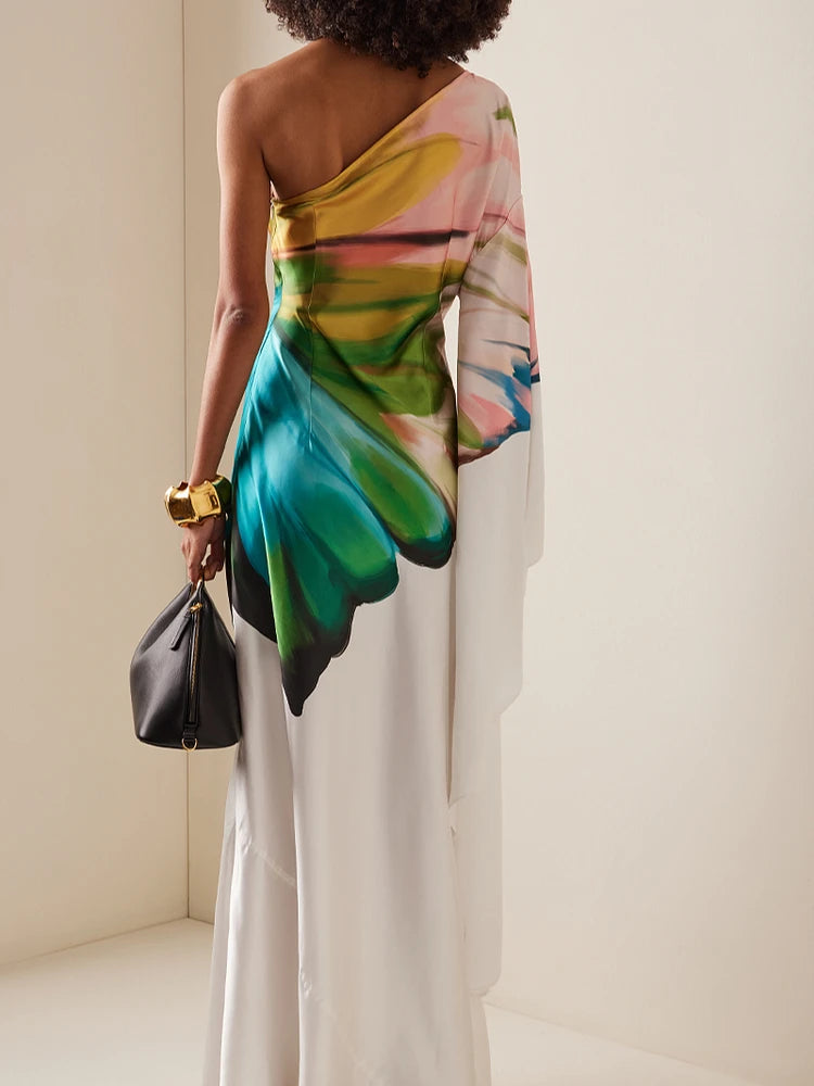Women Elegant Satin Dress 2025 Oblique Shoulder Papillon Print Dress Maxi Sundress Casual Vintage Printed Loose Long Robe
